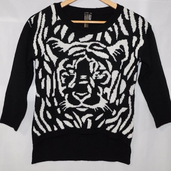 Le Temps Des Cerises Womens S Black White Tiger 3/4 Sleeve Knit pullover Sweater - Picture 1 of 7